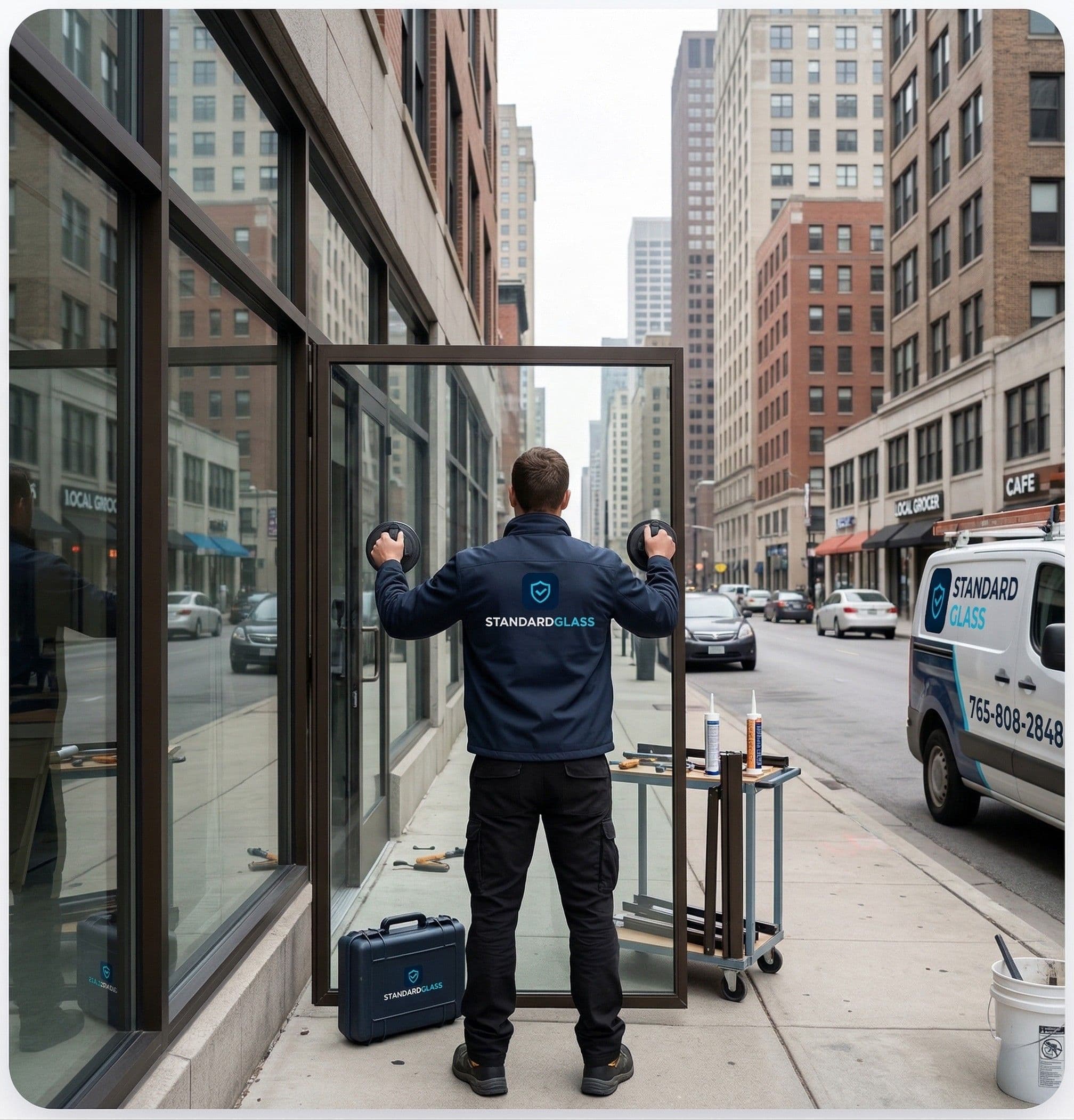 Technician installing precision-engineered storefront system in Chicago
